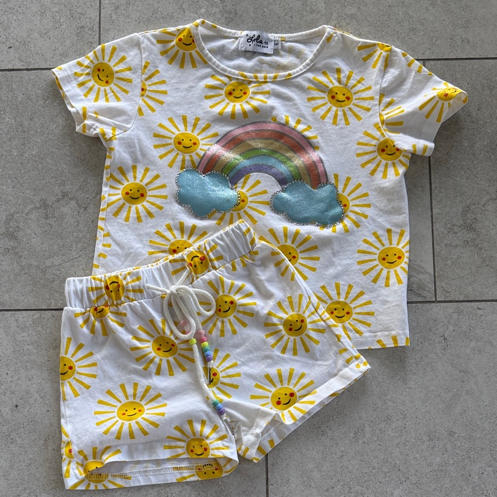 Lola + The Boys White Sunny Rainbow Appliqué Kids Matching Set